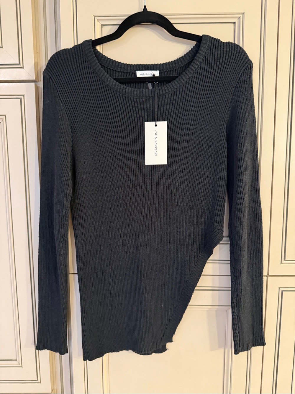 NWT MIMOSA Black Asymmetrical Ribbed Knit Long-Sleeve Sweater Shirt Scoop Neck M